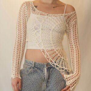crochet white long sleeve top beach cover up